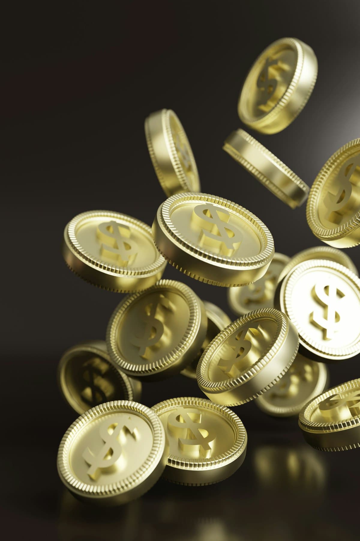 3D render of golden coins in motion on a dark background