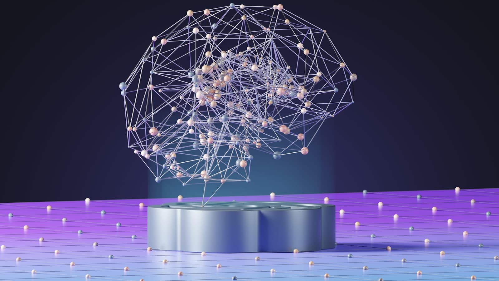3D render of a holographic neural network shaped like a brain