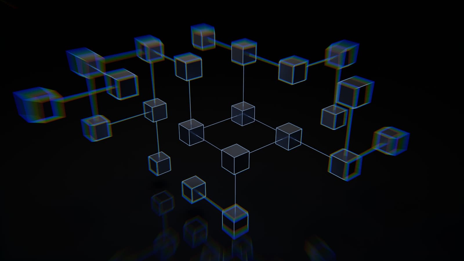 3D render of a blockchain network of connected holographic cubes