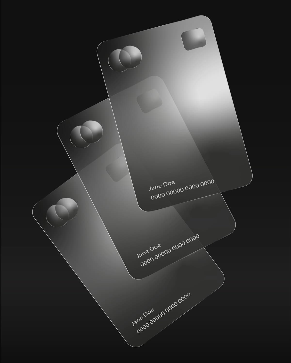 3D render of translucent glass membership cards floating on black