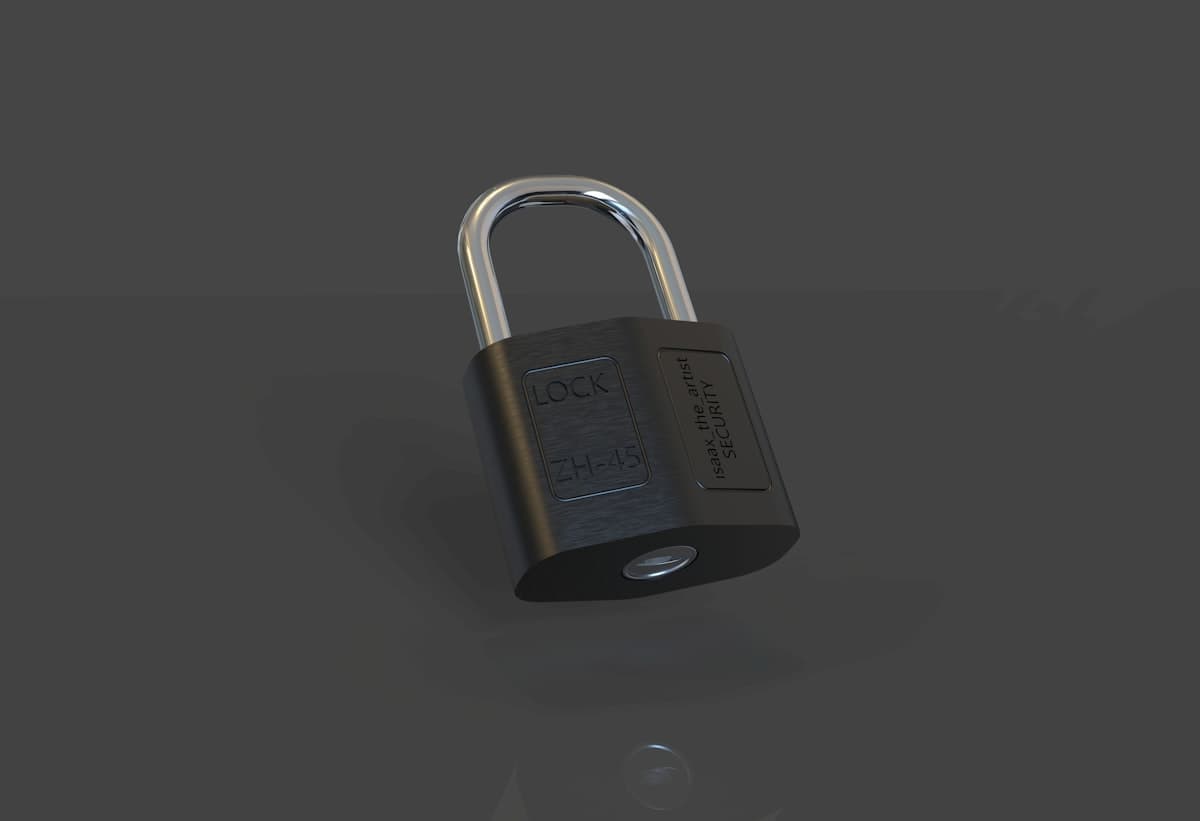 3D render of a dark metal padlock on a grey studio background