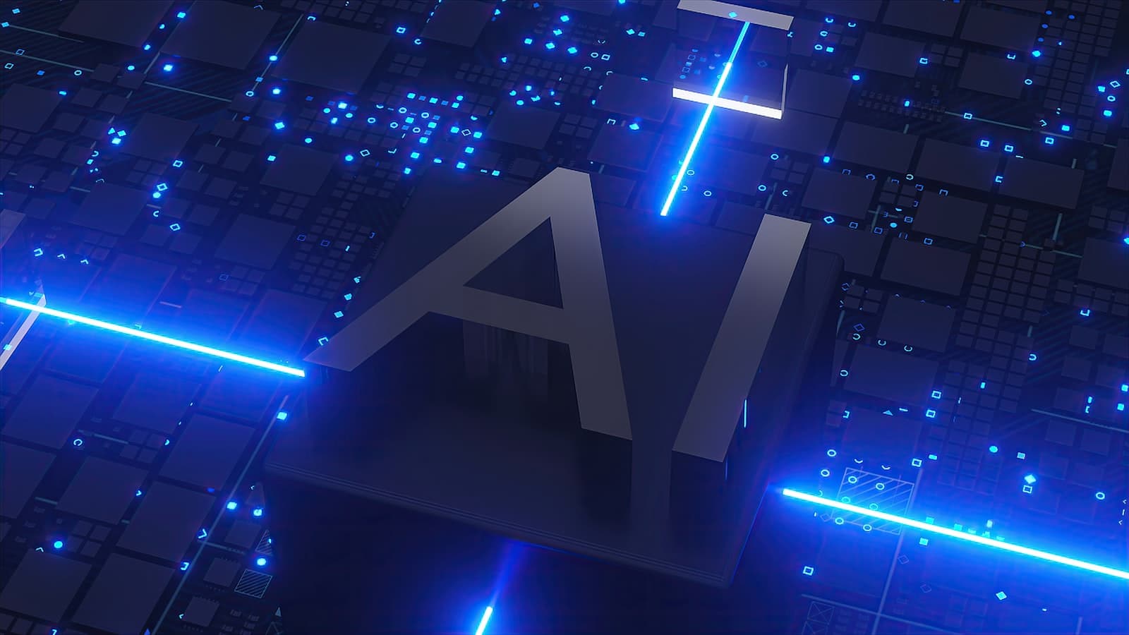 3D render of an AI chip glowing on a dark circuit board